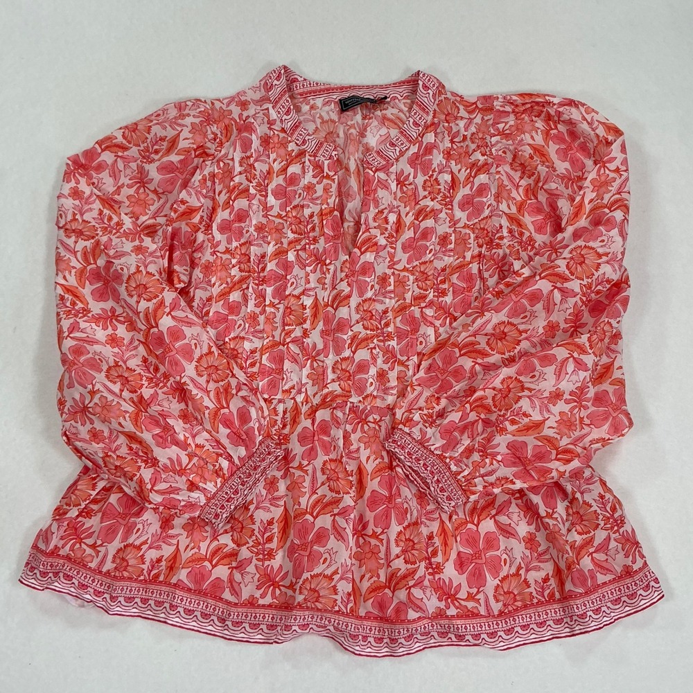 Vineyard Vines Pink Orange Floral Pintuck Peplum Blouse XS Cotton Modal